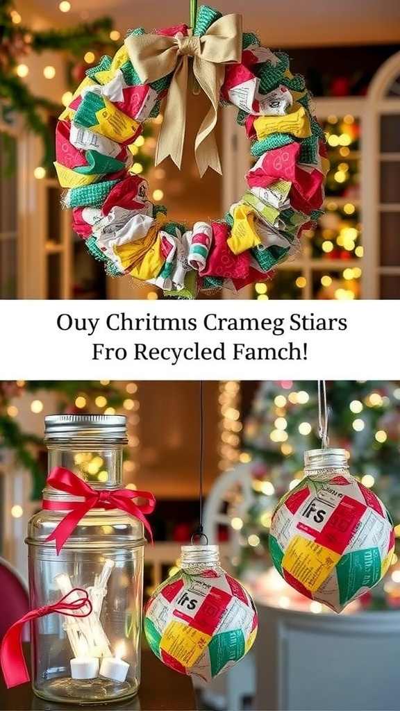 Creative Christmas decorations made from recycled materials, including a wreath, jar lanterns, and ornaments.